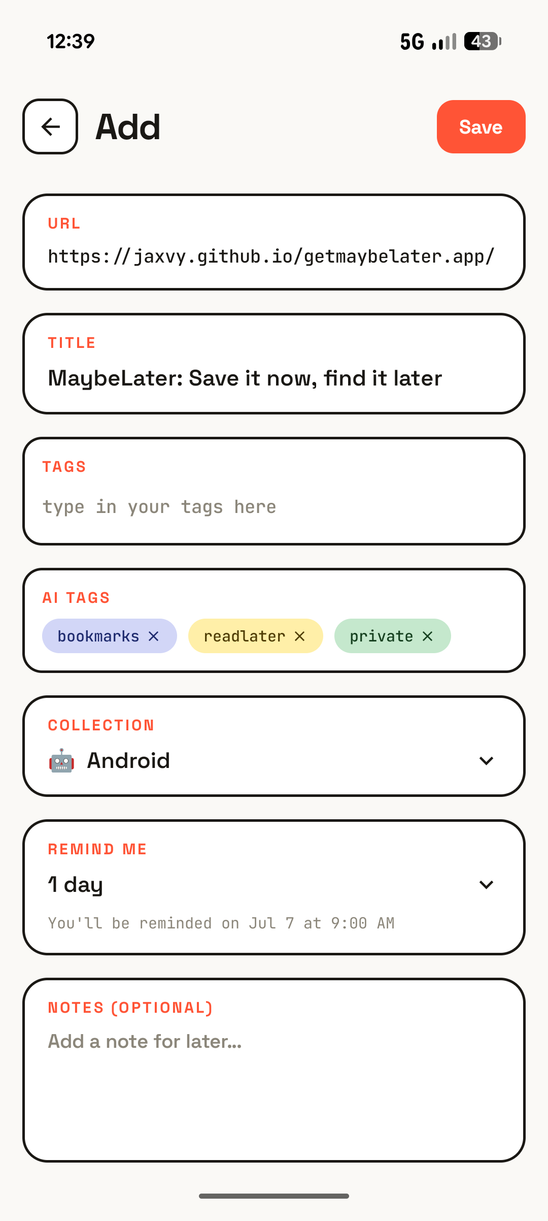 The Add screen with fields for URL, title, tags, AI-generated tags, an AI summary, a collection, and a reminder.