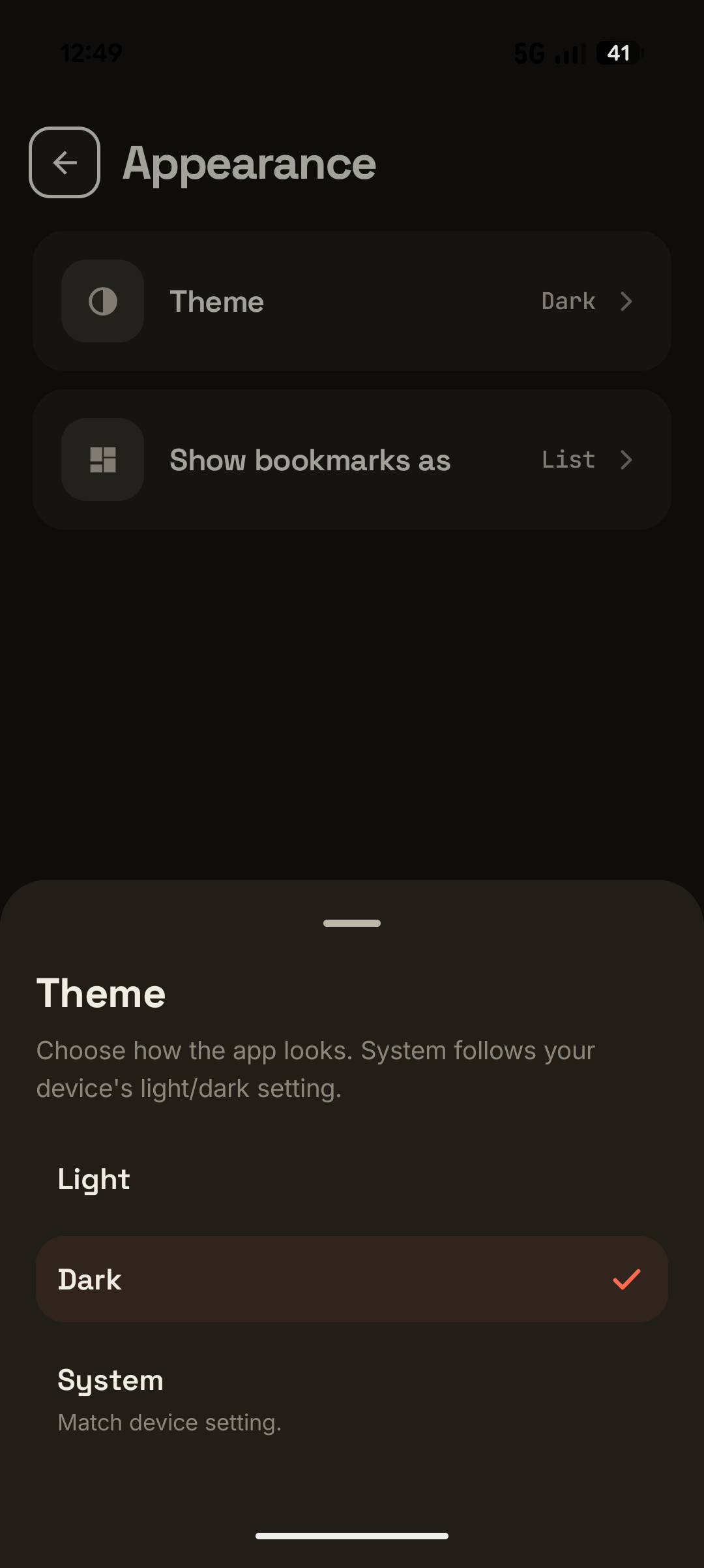 The Appearance settings with a Theme picker set to Dark, offering Light, Dark, and System options.