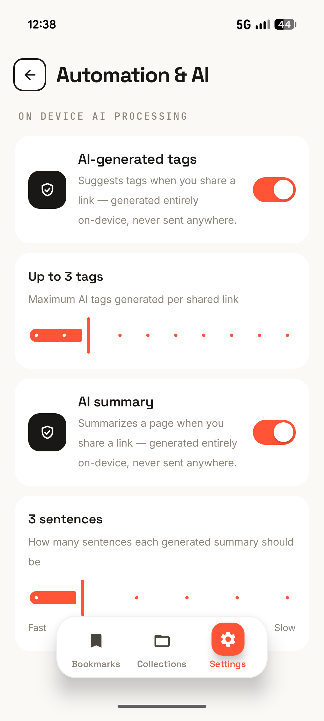 The Automation & AI settings: on-device AI-generated tags, a slider to cap the number of tags, and an AI summary toggle.