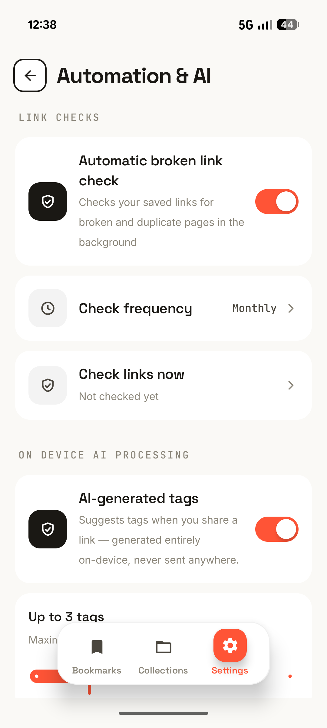 Automation settings for automatic link checks with a check frequency and a check-now action.