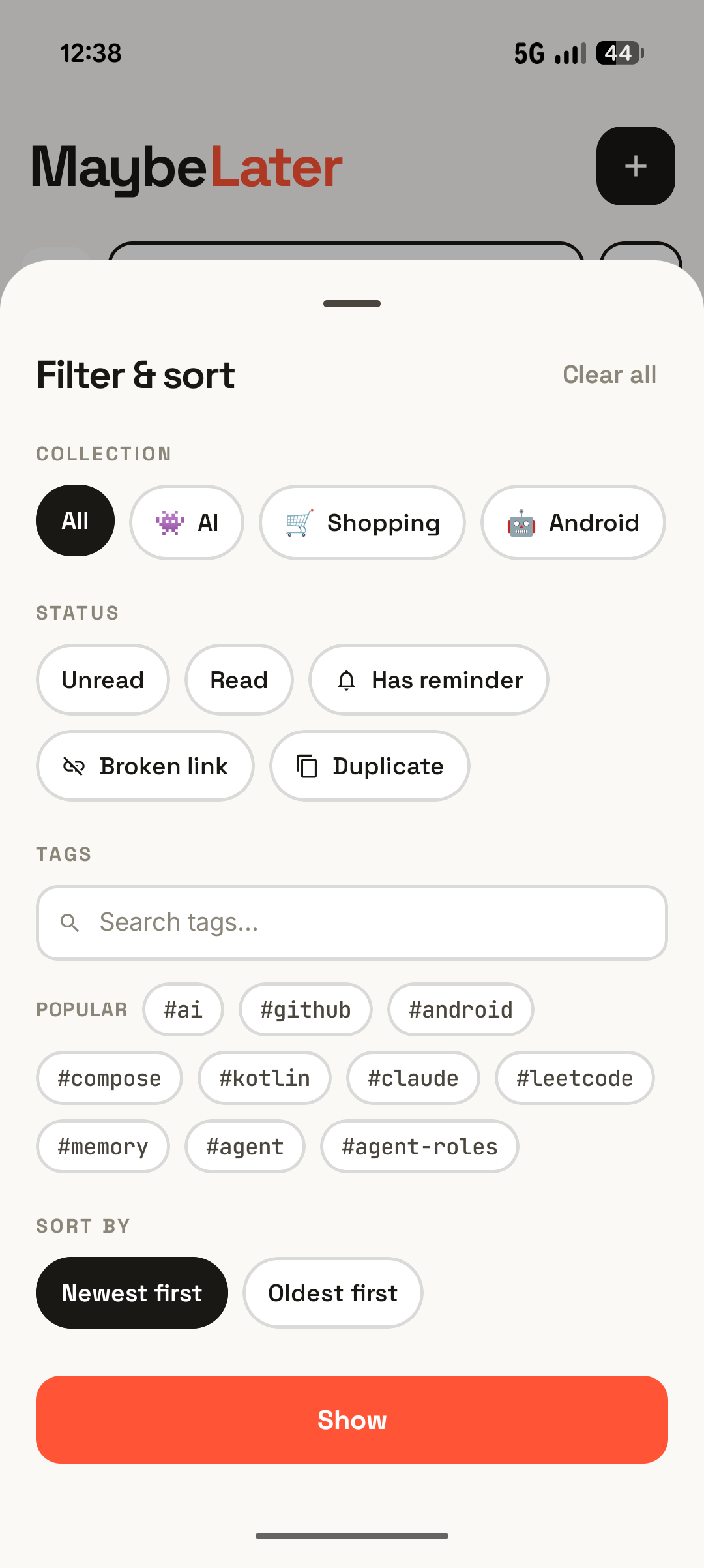 The Filter & sort sheet with chips for collection, status filters, a tag search, popular tags, and newest or oldest sort order.