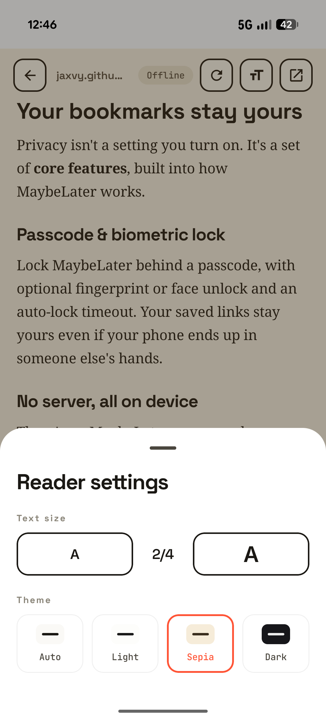 A saved article open in MaybeLater's offline reader with an Offline badge, and Reader settings for text size and a light, sepia, or dark theme.